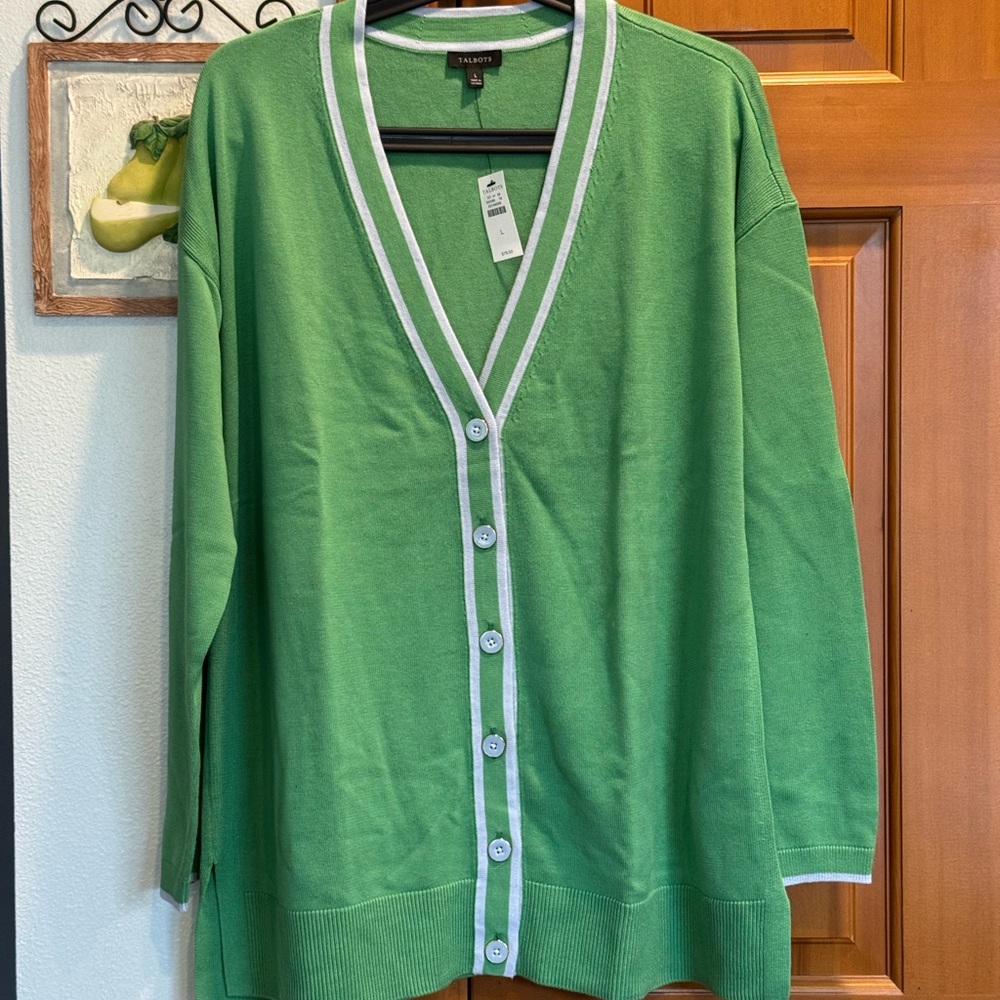 Talbots Green Cardigan Sweater V-Neck with Light Blue Trim